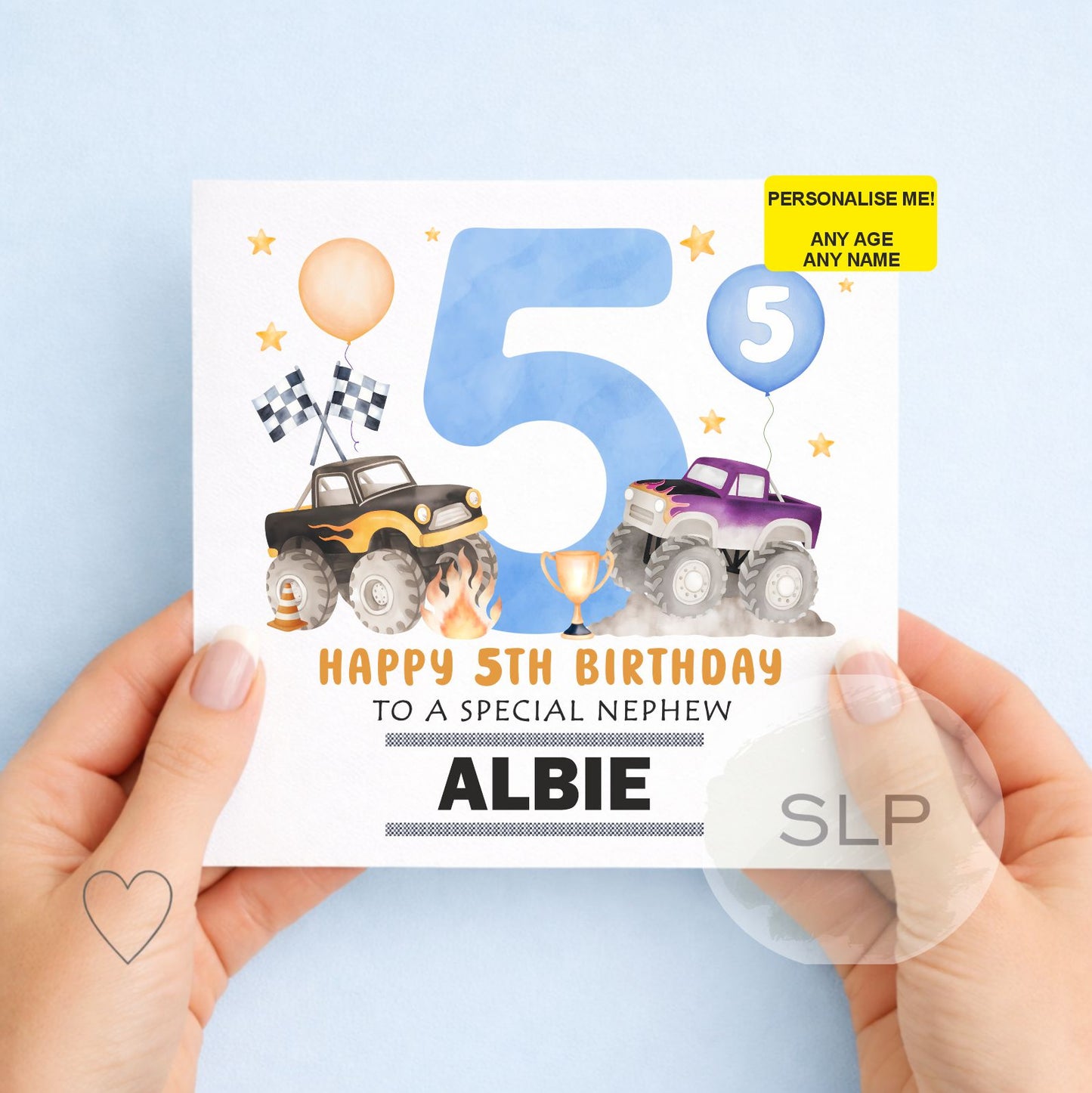 Personalised monster truck birthday card with custom name, age and relationship. Fun racing card for boys, sons, grandsons and nephews.