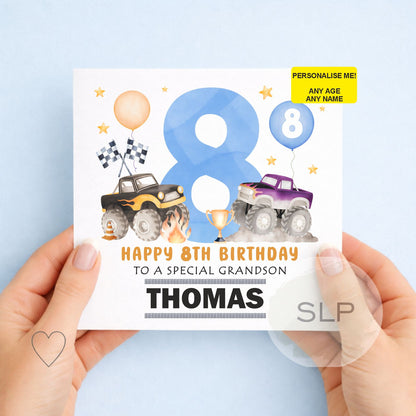 Personalised monster truck birthday card with custom name, age and relationship. Fun racing card for boys, sons, grandsons and nephews.