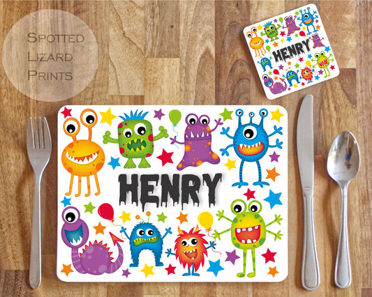 Personalised Monster Placemat and Coaster Set, Kid's Dinner Set, Monster gift, Children's Birthday Gift, Monster Placemat