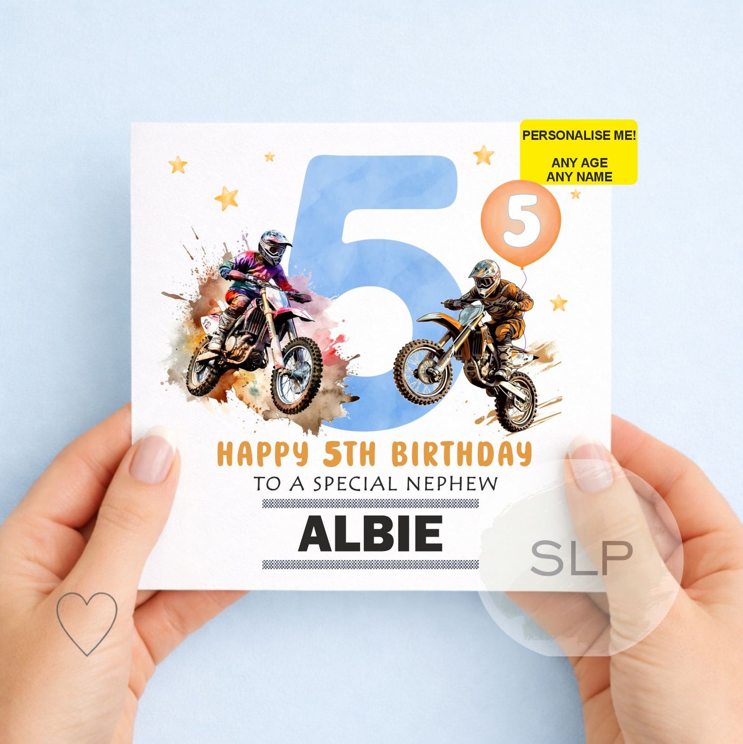 Personalised motocross birthday card with custom name, age and relationship. Fun dirt bike birthday card for boys, sons, grandsons and nephews.
