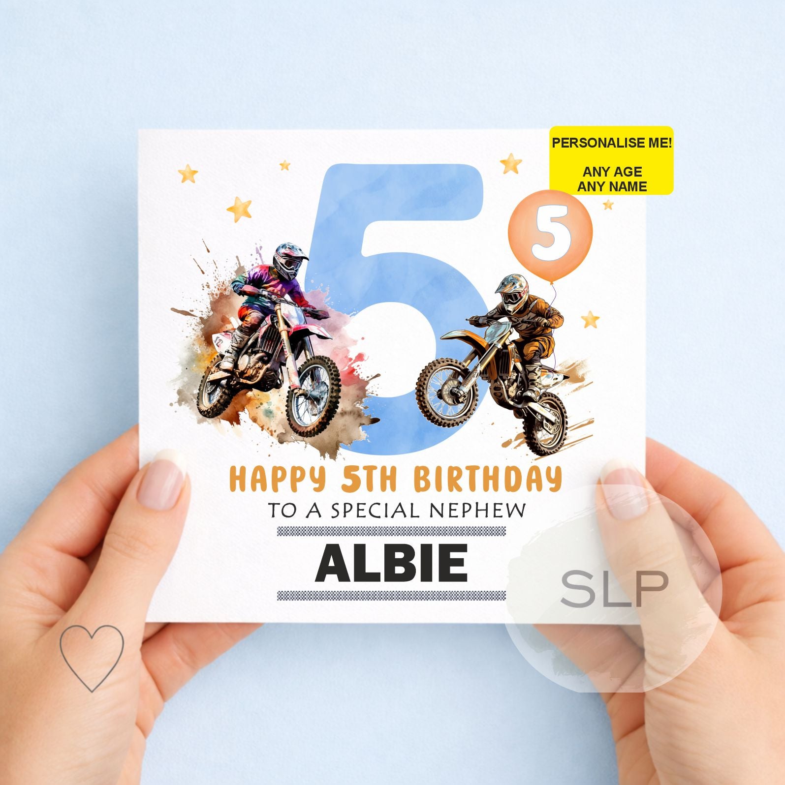 Personalised motocross birthday card with custom name, age and relationship. Fun dirt bike birthday card for boys, sons, grandsons and nephews.