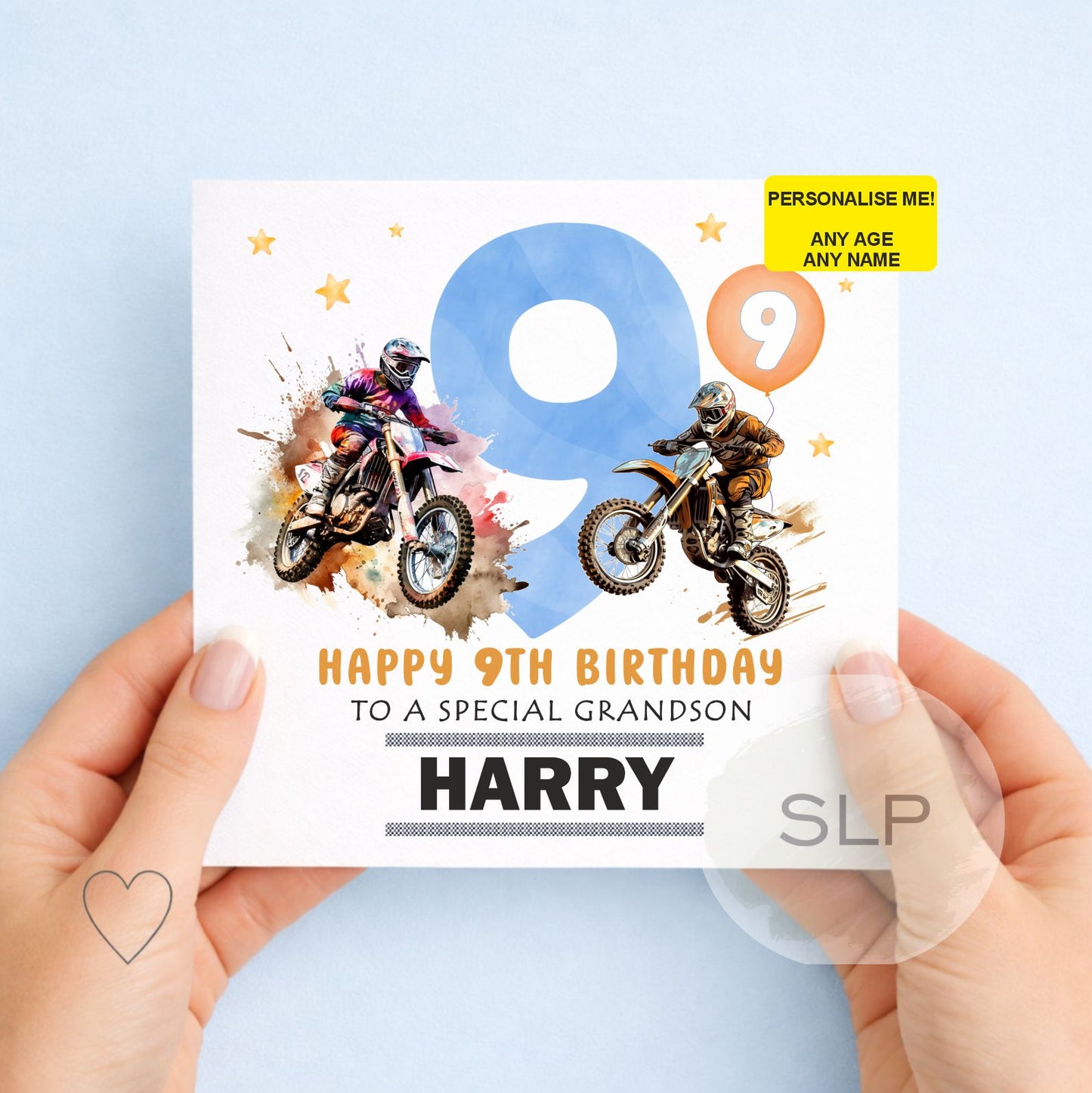 Personalised motocross birthday card with custom name, age and relationship. Fun dirt bike birthday card for boys, sons, grandsons and nephews.