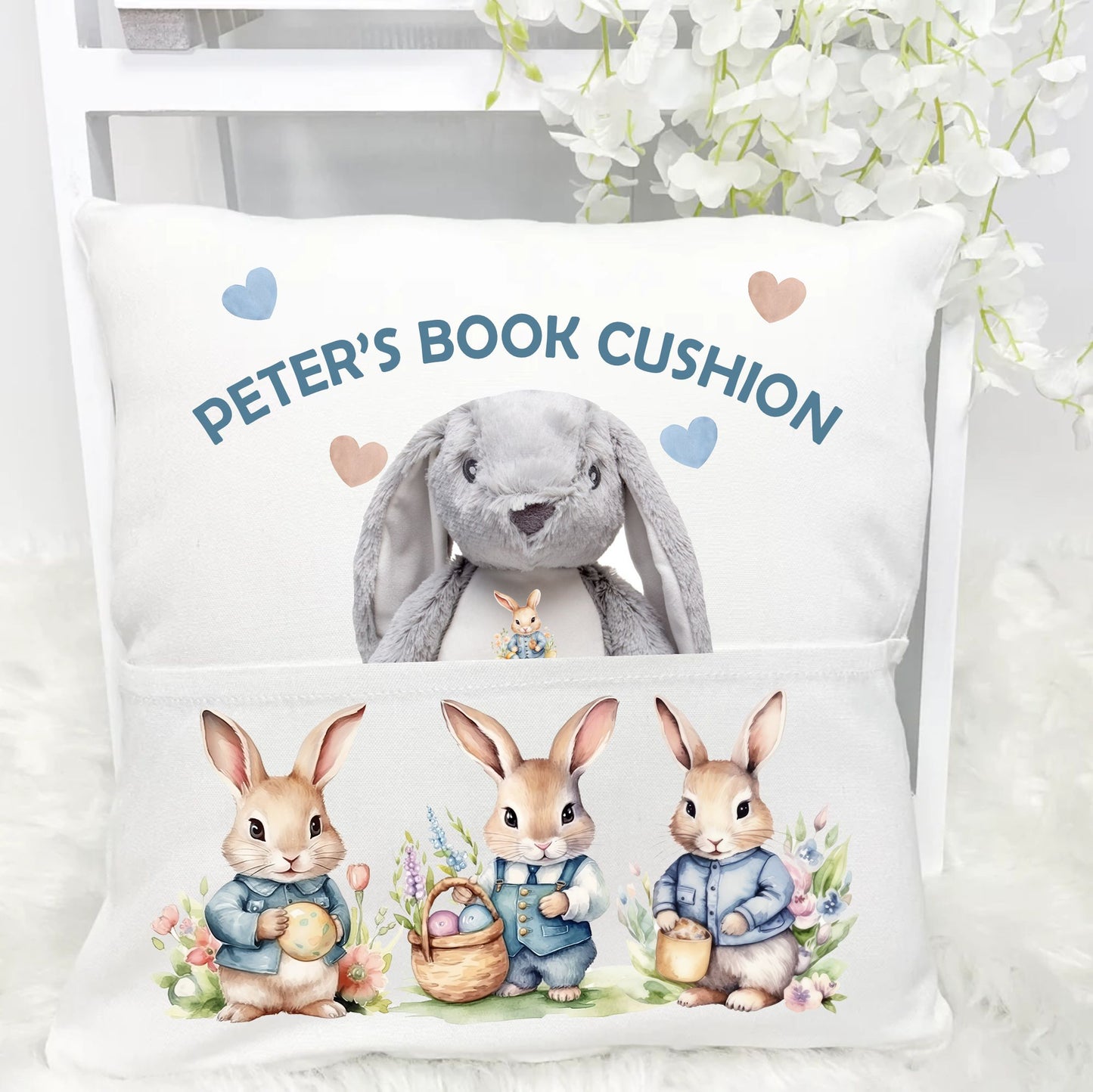 personalised easter reading cushion with rabbit soft toy for children 