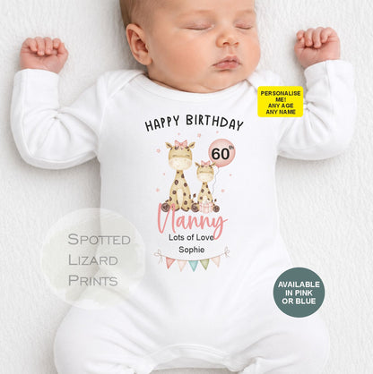 Personalised Happy Birthday Nanny Baby Outfit | 50th 60th 70th 80th Birthday Gift for Grandma | Baby Vest, Sleepsuit or T-Shirt | Gift