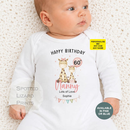 Personalised Happy Birthday Nanny Baby Outfit | 50th 60th 70th 80th Birthday Gift for Grandma | Baby Vest, Sleepsuit or T-Shirt | Gift