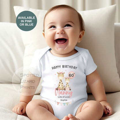 Personalised Happy Birthday Nanny Baby Outfit | 50th 60th 70th 80th Birthday Gift for Grandma | Baby Vest, Sleepsuit or T-Shirt | Gift
