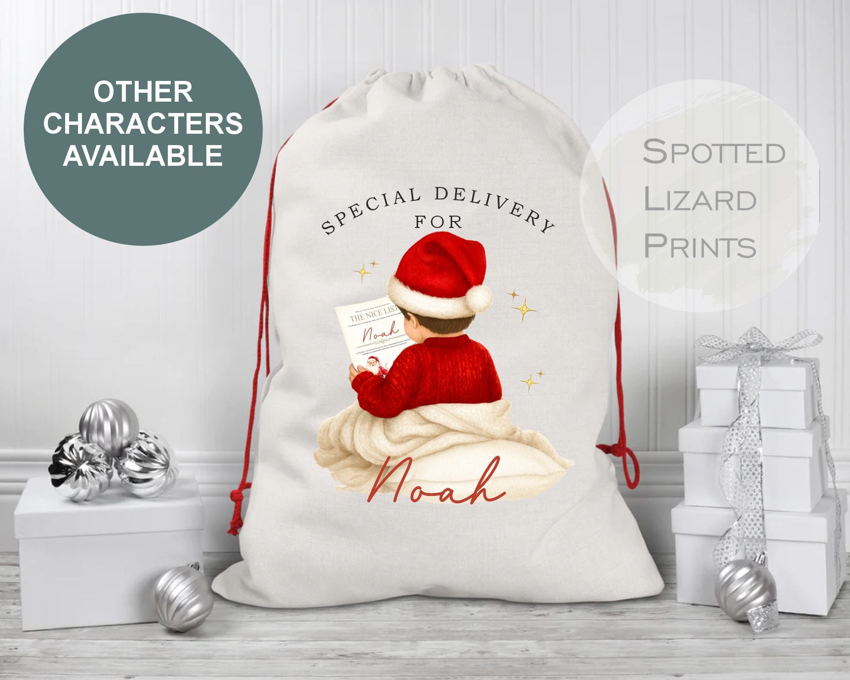 Personalized Christmas gift sack with a child in a Santa hat and text