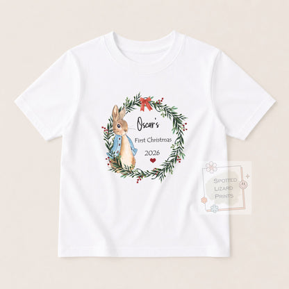 Personalised Peter Rabbit 1st Christmas Baby Outfit - Baby Sleepsuit or Vest - My First Christmas