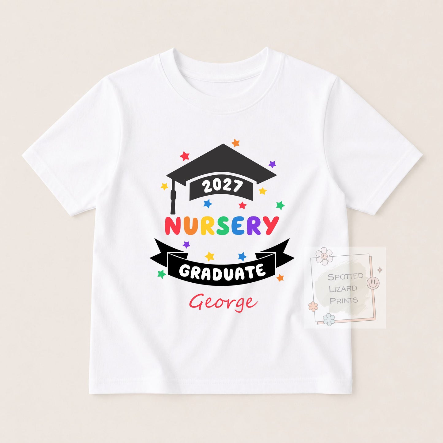 Personalised Nursery Graduation T-Shirt 2027 | Preschool Reception Childminder Graduate Shirt | Kids Leavers Top | Custom Name Graduation