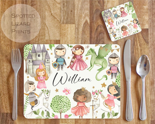 Personalised Once Upon A Time Placemat and Coaster Set, Kid's Dinner Set, Children's Birthday Gift, Knight & Princess Placemat