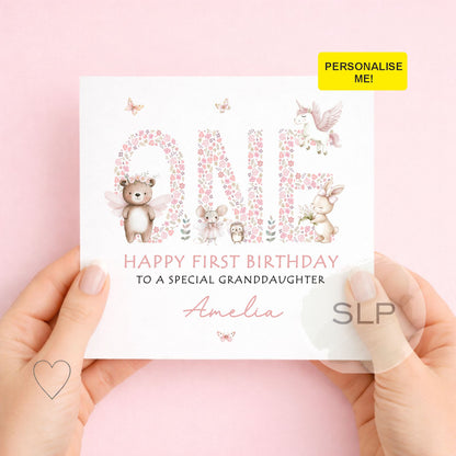 Personalised First Birthday Card, Girls 1st Birthday Card, Daughter, Granddaughter, Niece, Sister, Goddaughter Pink Birthday Card