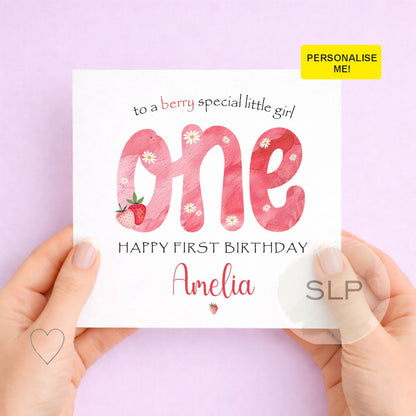 Personalised Strawberry First Birthday Card - Berry 1st Card For Daughter, Granddaughter, Niece, Sister, Goddaughter - Age One Greeting Card