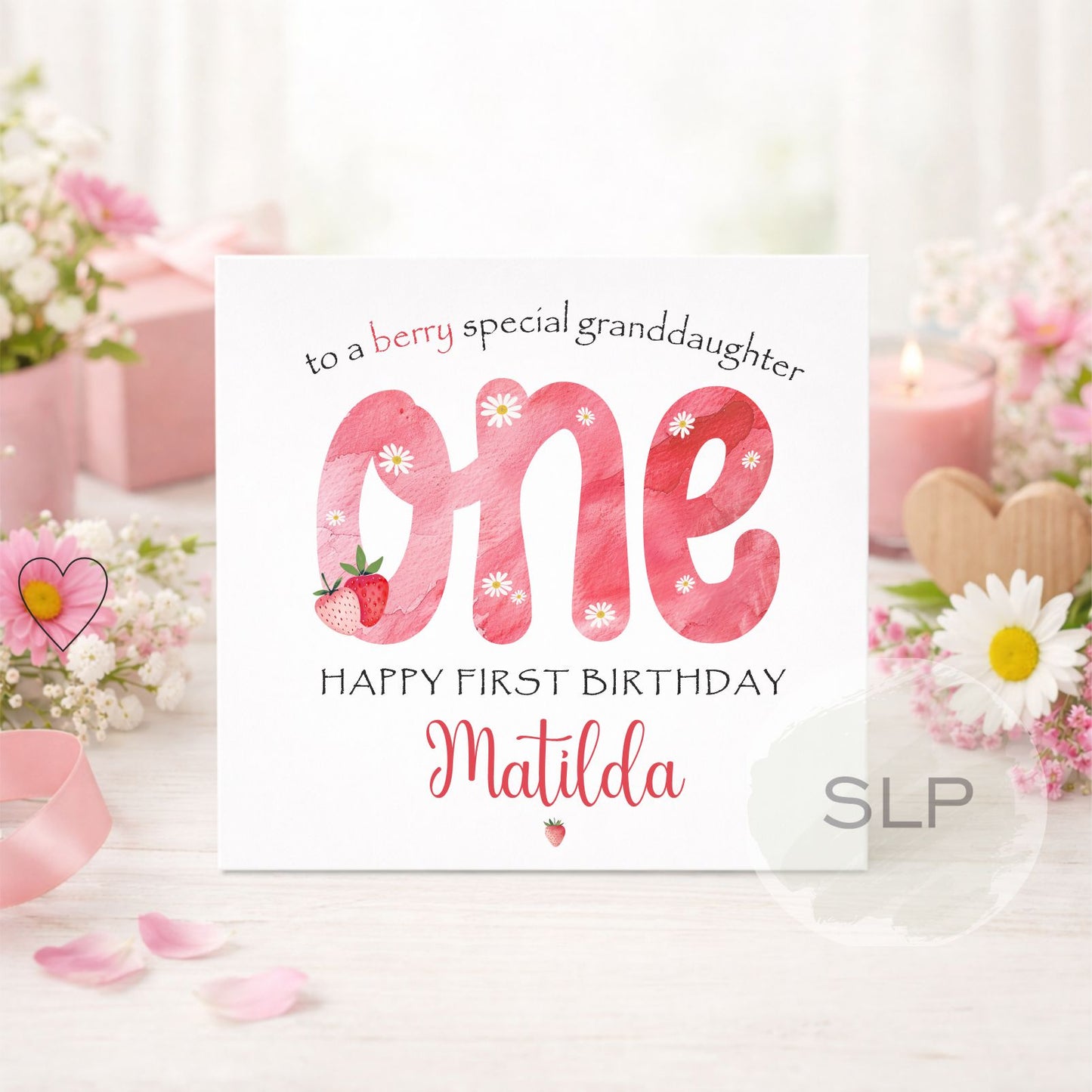 Personalised Strawberry First Birthday Card - Berry 1st Card For Daughter, Granddaughter, Niece, Sister, Goddaughter - Age One Greeting Card