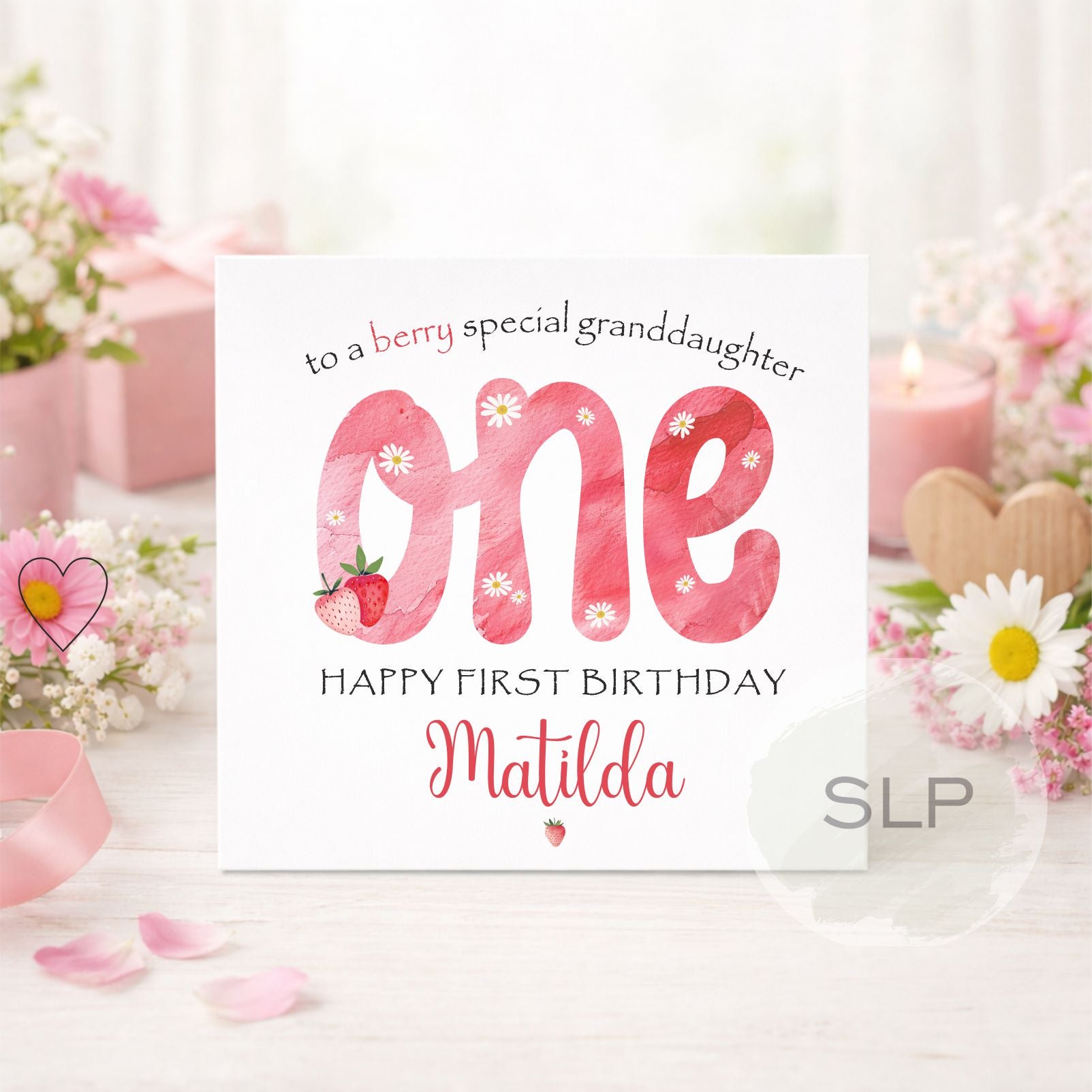 Personalised Strawberry First Birthday Card - Berry 1st Card For Daughter, Granddaughter, Niece, Sister, Goddaughter - Age One Greeting Card
