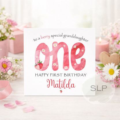 Personalised Strawberry First Birthday Card - Berry 1st Card For Daughter, Granddaughter, Niece, Sister, Goddaughter - Age One Greeting Card