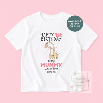 Personalised 1st Birthday Outfit, Happy 1st Birthday as My Mummy Sleepsuit, First Birthday Baby T-Shirt, Custom Baby Gift, Giraffe