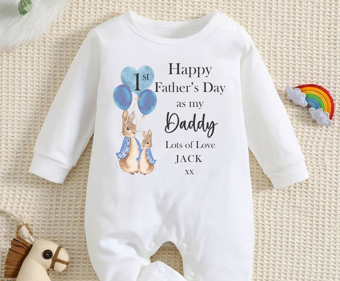 baby romper, blue for boy, peter rabbit first fathers day