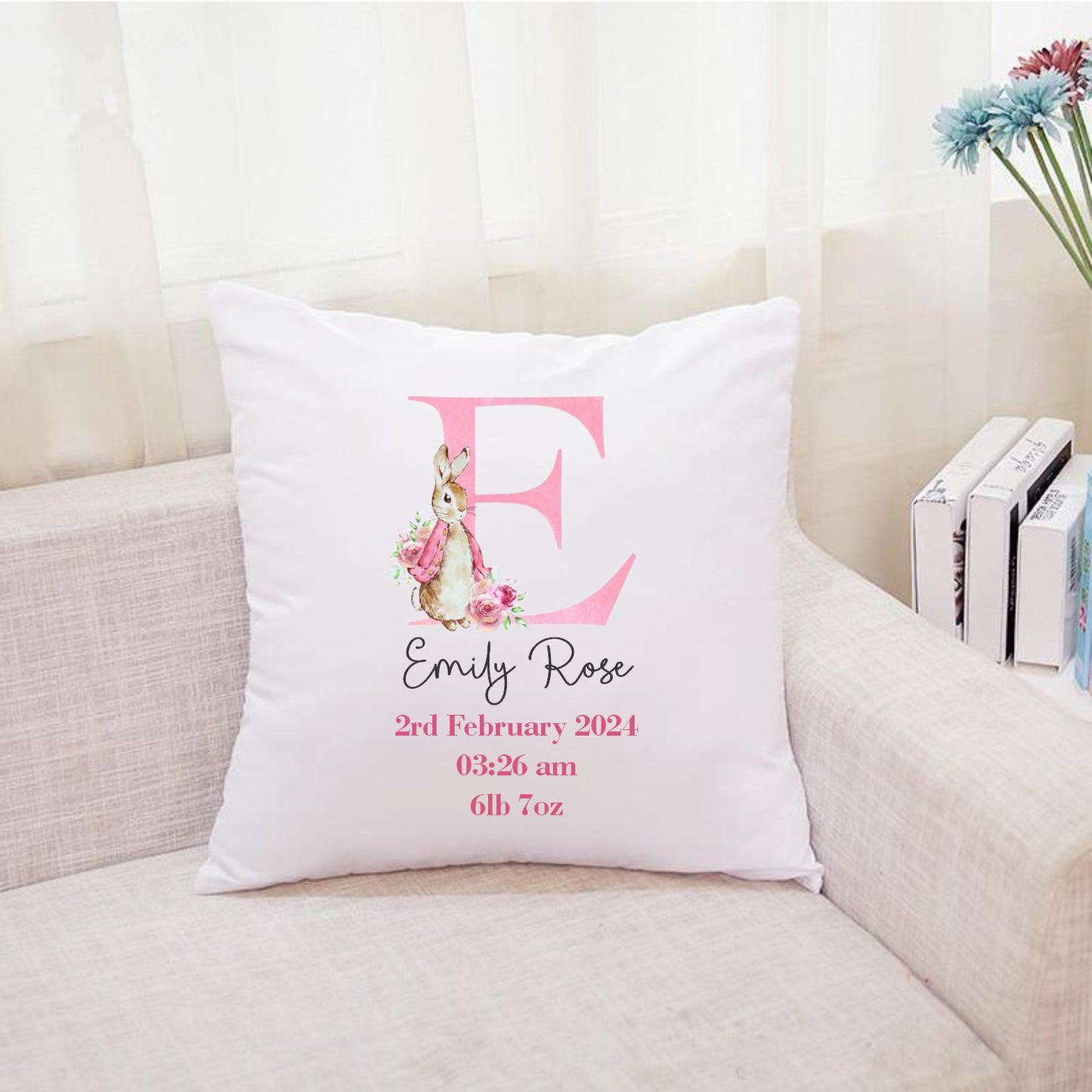 Pink peter rabbit new born baby cushion with personalised name