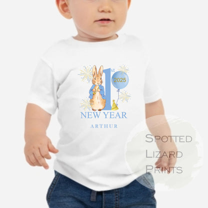 Personalised Peter Rabbit First New Years Eve Baby Outfit- My First New Years Eve Sleepsuit or Vest - 1st New Year Peter Rabbit