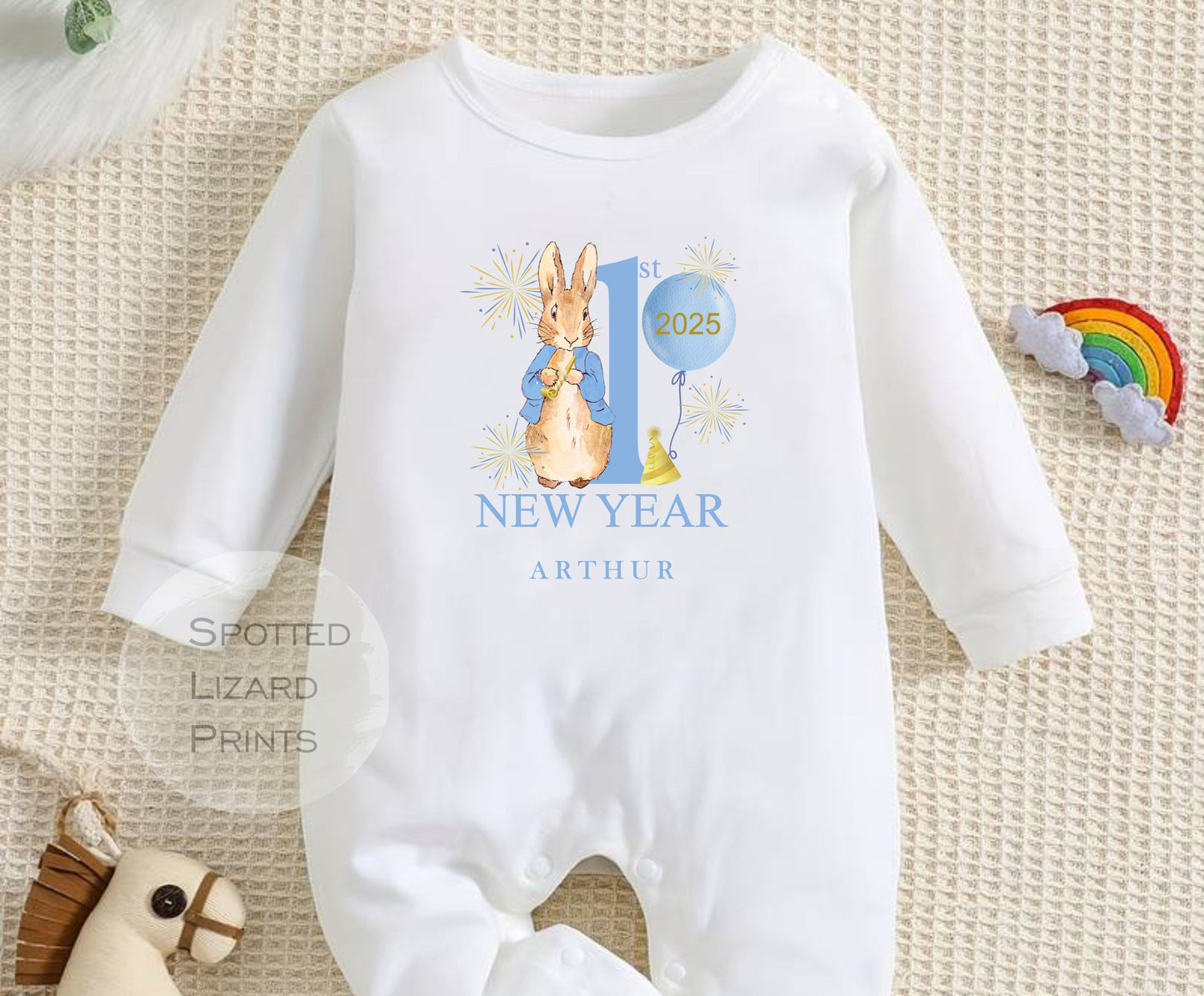 Personalised Peter Rabbit First New Years Eve Baby Outfit- My First New Years Eve Sleepsuit or Vest - 1st New Year Peter Rabbit