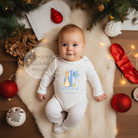 Personalised Peter Rabbit First New Years Eve Baby Outfit- My First New Years Eve Sleepsuit or Vest - 1st New Year Peter Rabbit