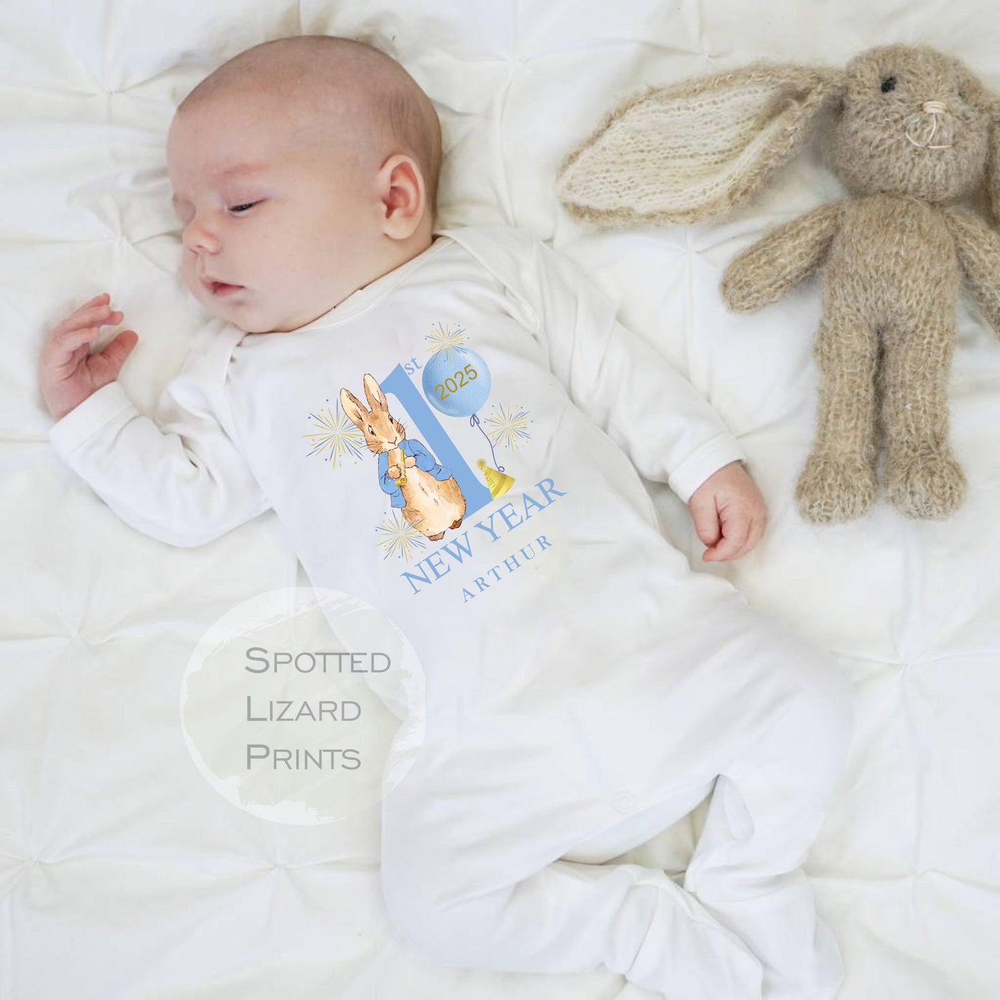 Personalised Peter Rabbit First New Years Eve Baby Outfit- My First New Years Eve Sleepsuit or Vest - 1st New Year Peter Rabbit