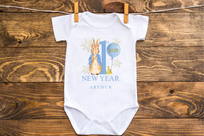 Personalised Peter Rabbit First New Years Eve Baby Outfit- My First New Years Eve Sleepsuit or Vest - 1st New Year Peter Rabbit