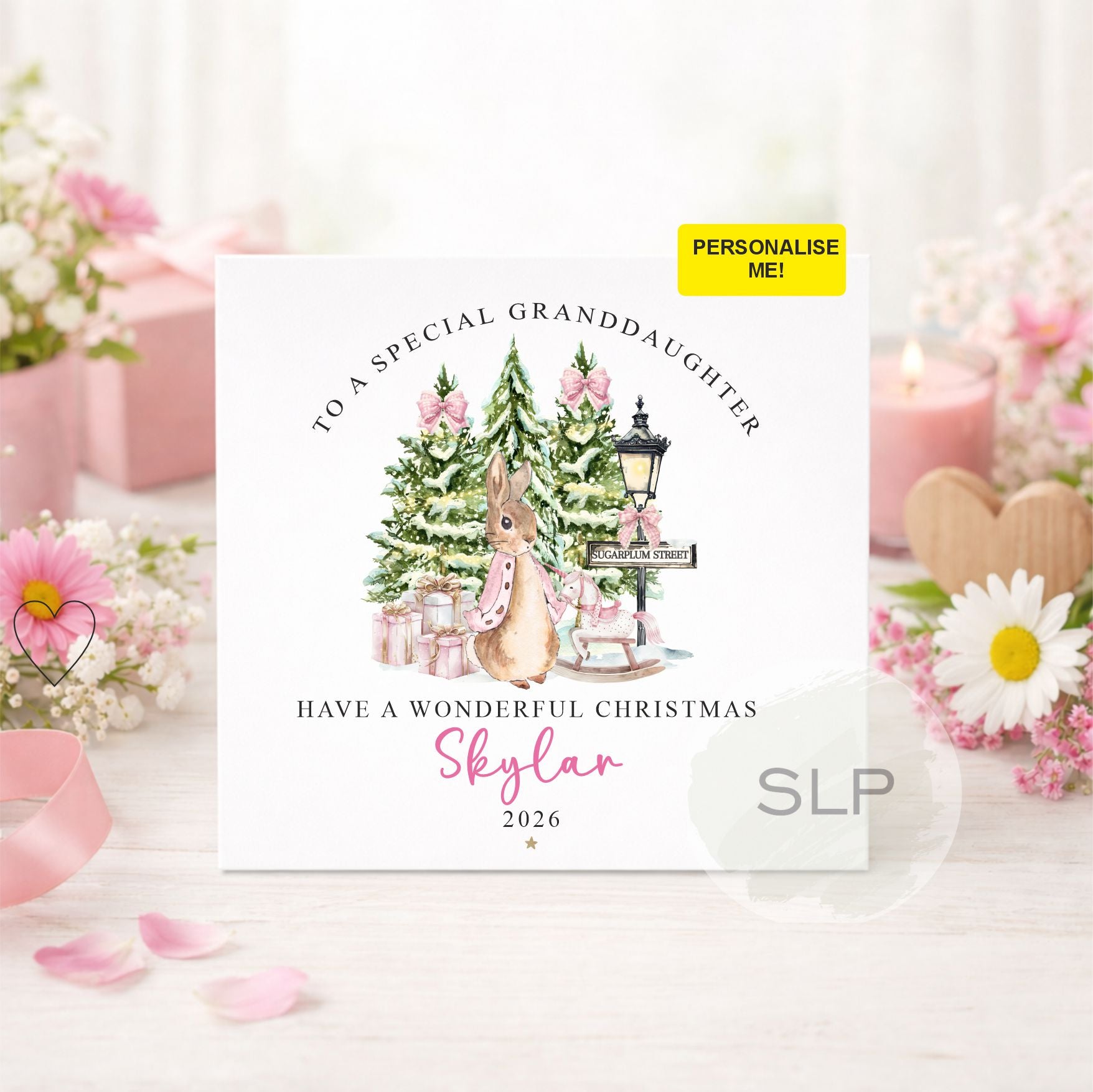 Personalised Pink Rabbit Christmas Card for Girls