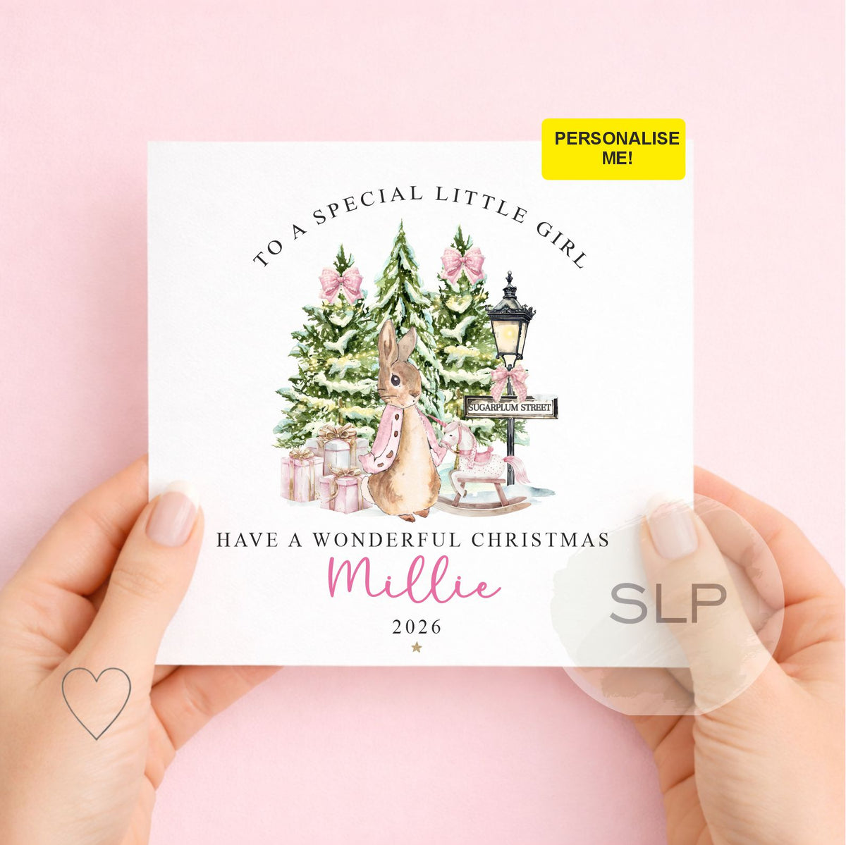 Personalised Pink Rabbit Christmas Card for Girls