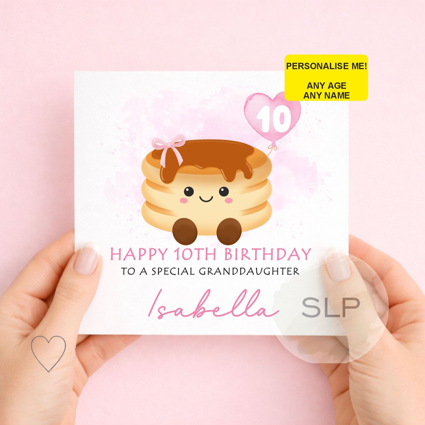 Cute personalised pancake birthday card with custom name, age and relationship. A fun pink kawaii card for daughters, granddaughters and pancake lovers.