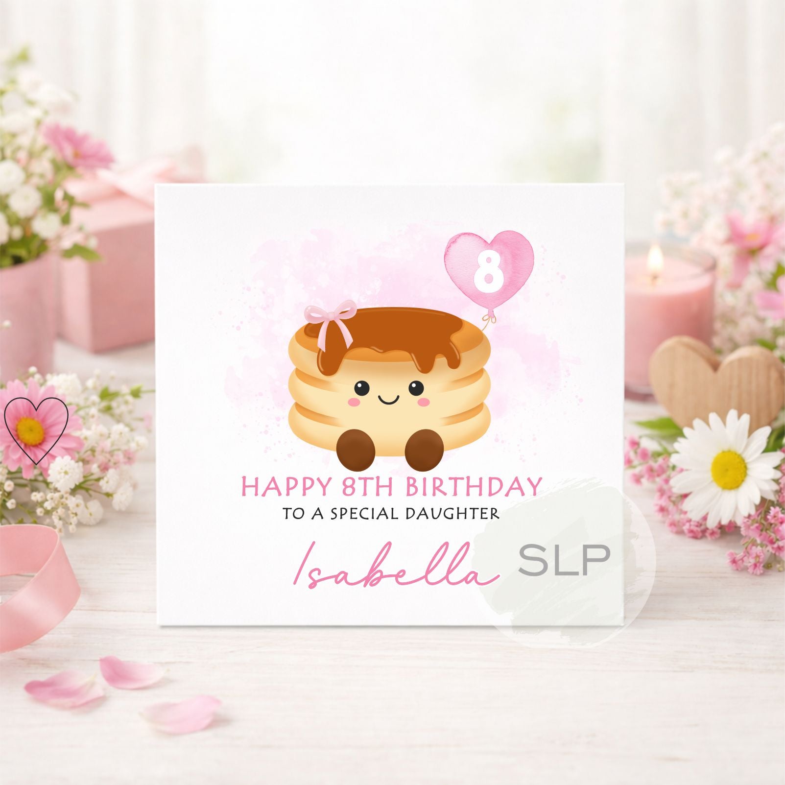 Cute personalised pancake birthday card with custom name, age and relationship. A fun pink kawaii card for daughters, granddaughters and pancake lovers.