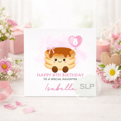 Cute personalised pancake birthday card with custom name, age and relationship. A fun pink kawaii card for daughters, granddaughters and pancake lovers.