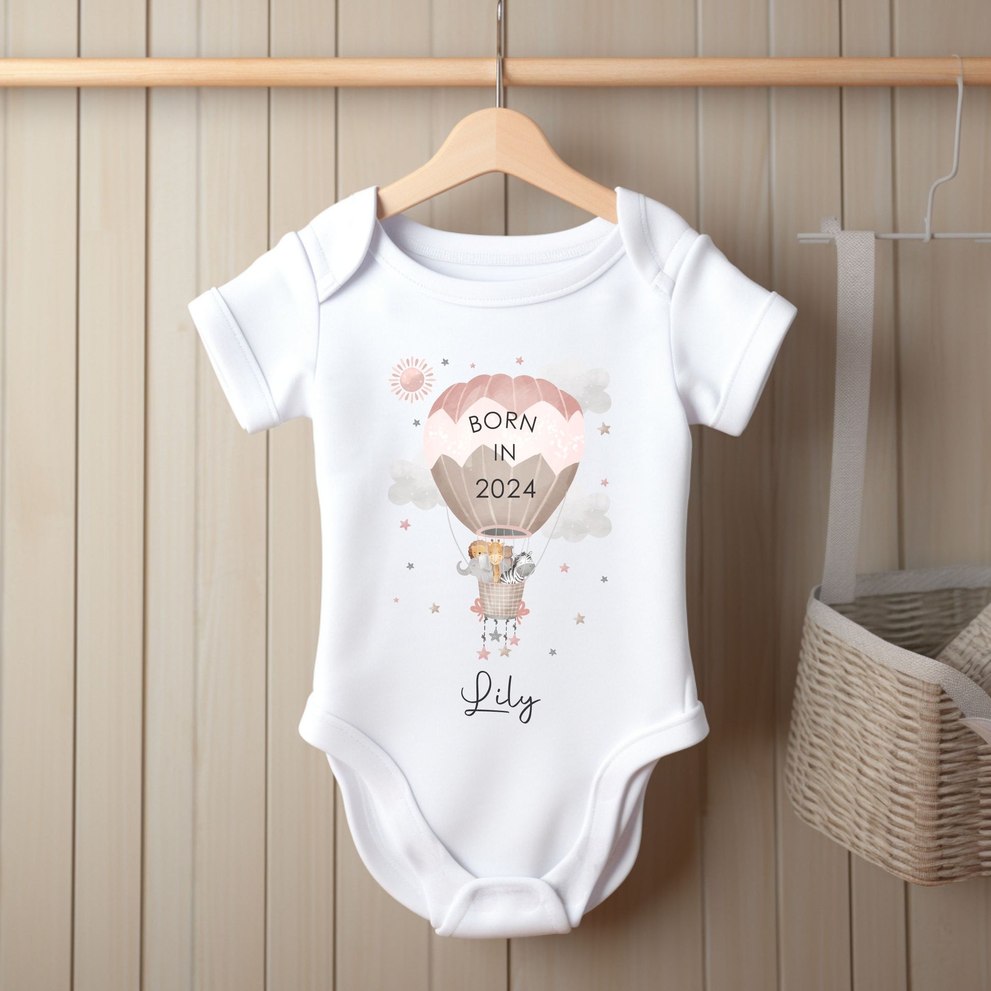 born in 2024 personalised baby vest with pink balloons