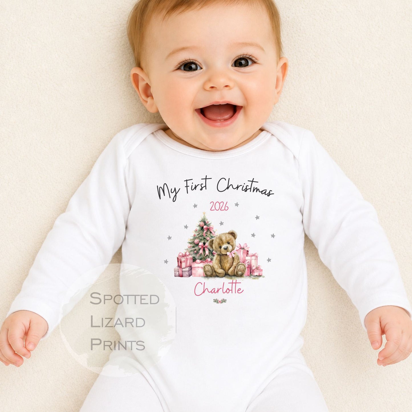 Personalised First Christmas Baby outfit- My First Christmas Sleepsuit or Vest  - Teddy PINK