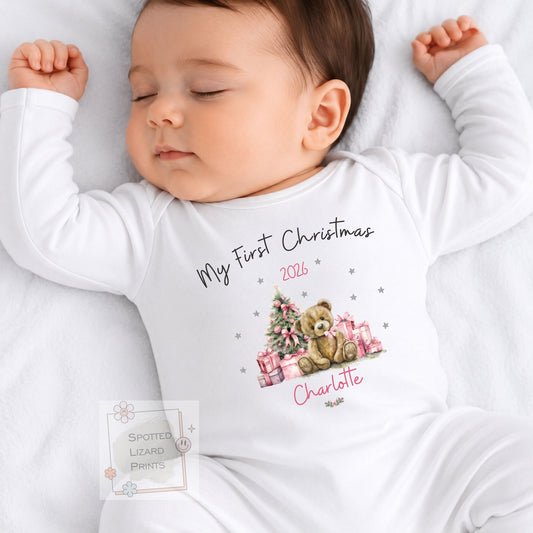 Personalised First Christmas Baby outfit- My First Christmas Sleepsuit or Vest  - Teddy PINK