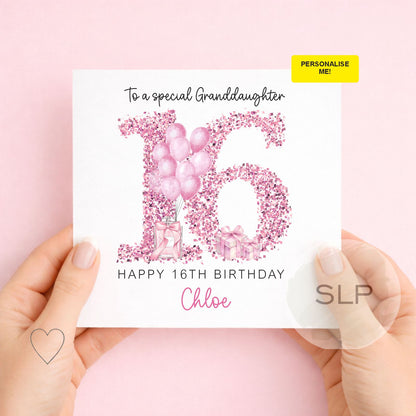 Personalised Sweet 16 Birthday Card for Girl – Pink Glitter 16 Card – Custom Name 16th Birthday Card – Daughter Granddaughter Sweet Sixteen