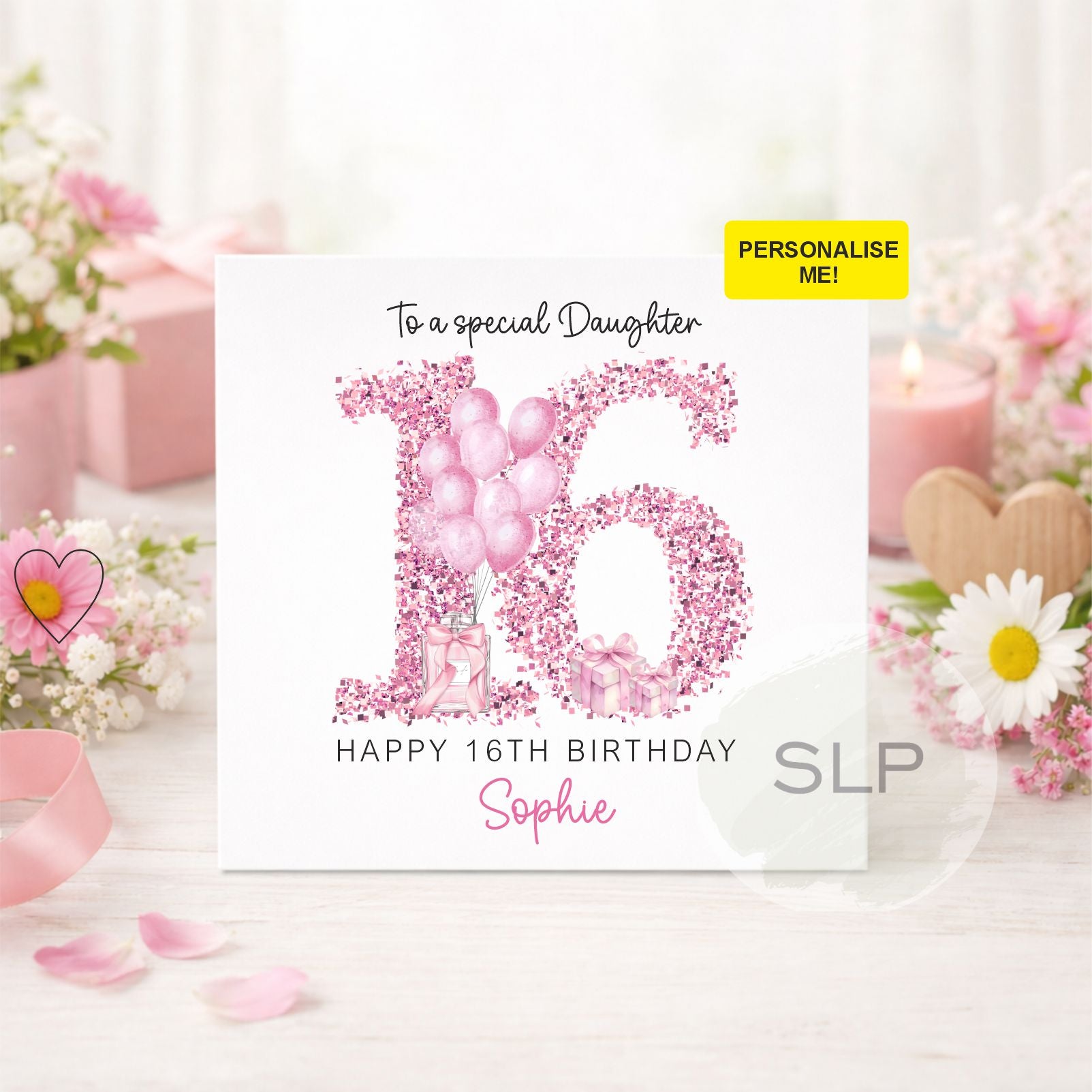 Personalised Sweet 16 Birthday Card for Girl – Pink Glitter 16 Card – Custom Name 16th Birthday Card – Daughter Granddaughter Sweet Sixteen