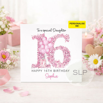 Personalised Sweet 16 Birthday Card for Girl – Pink Glitter 16 Card – Custom Name 16th Birthday Card – Daughter Granddaughter Sweet Sixteen