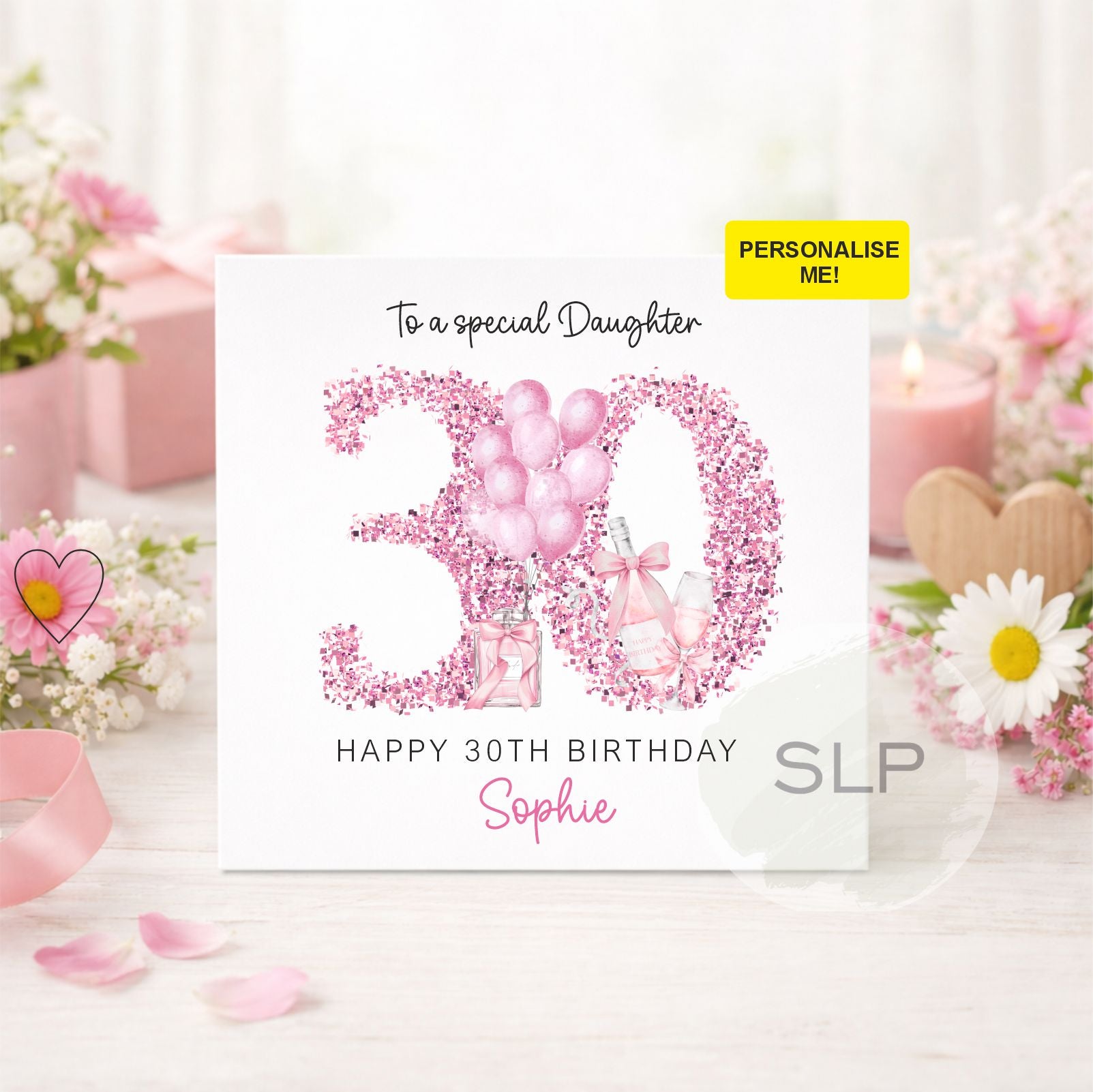 Personalised 30th Birthday Card Any Age Any Name – Pink Champagne Birthday Card – 30th Birthday Card for Her Birthday Daughter Friend