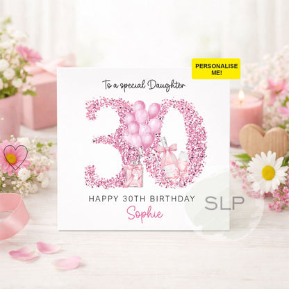 Personalised 30th Birthday Card Any Age Any Name – Pink Champagne Birthday Card – 30th Birthday Card for Her Birthday Daughter Friend