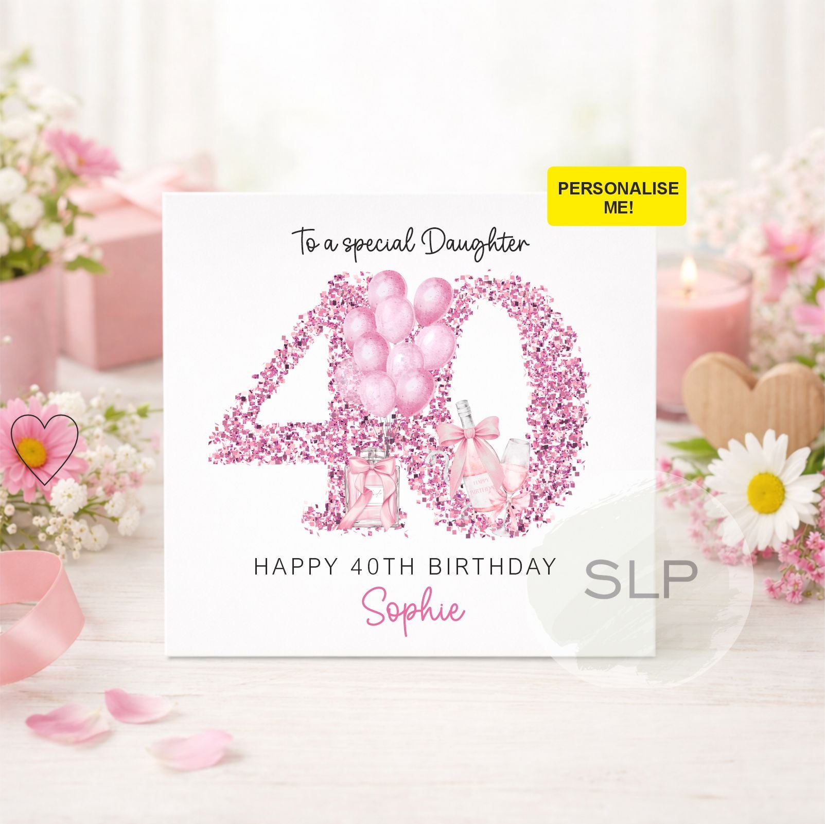 Personalised 40th Birthday Card Any Age Any Name – Pink Champagne Birthday Card – 40th Birthday Card for Her Birthday Daughter Friend