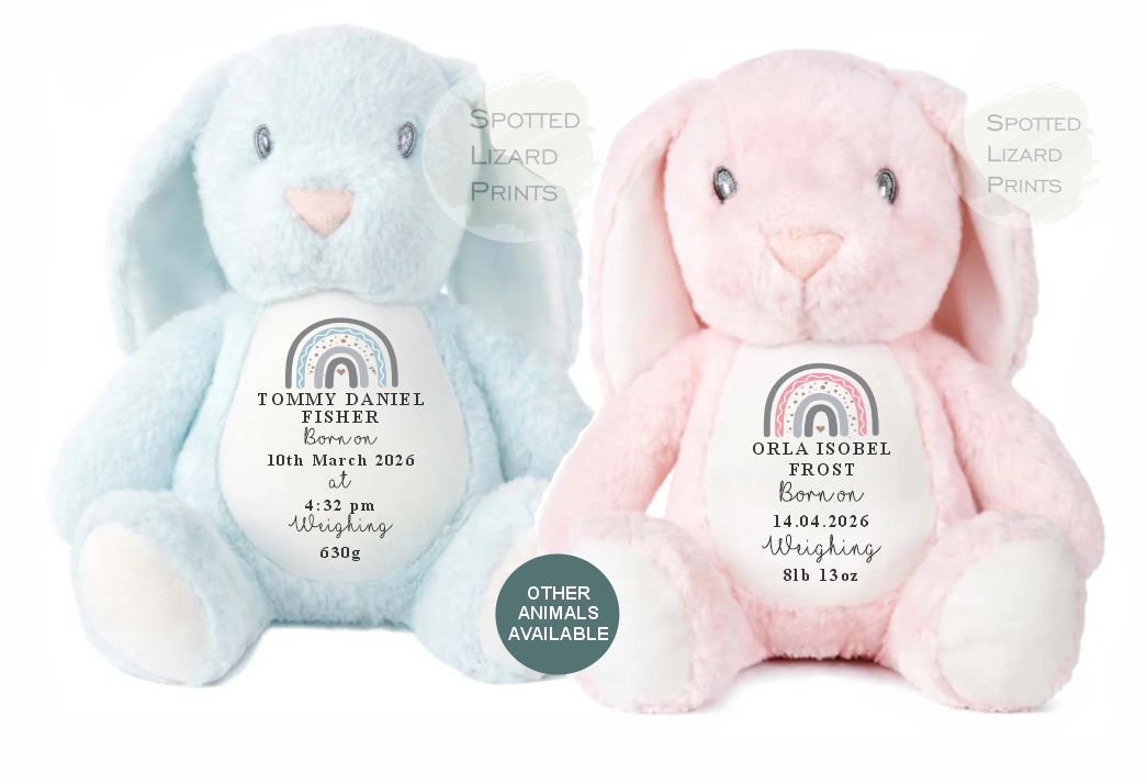 Personalised Baby Birth announcement Bunny Toy Name, Weight and Date of Birth - Baby Shower - Baby Gift - Baby Girl Baby Boy
