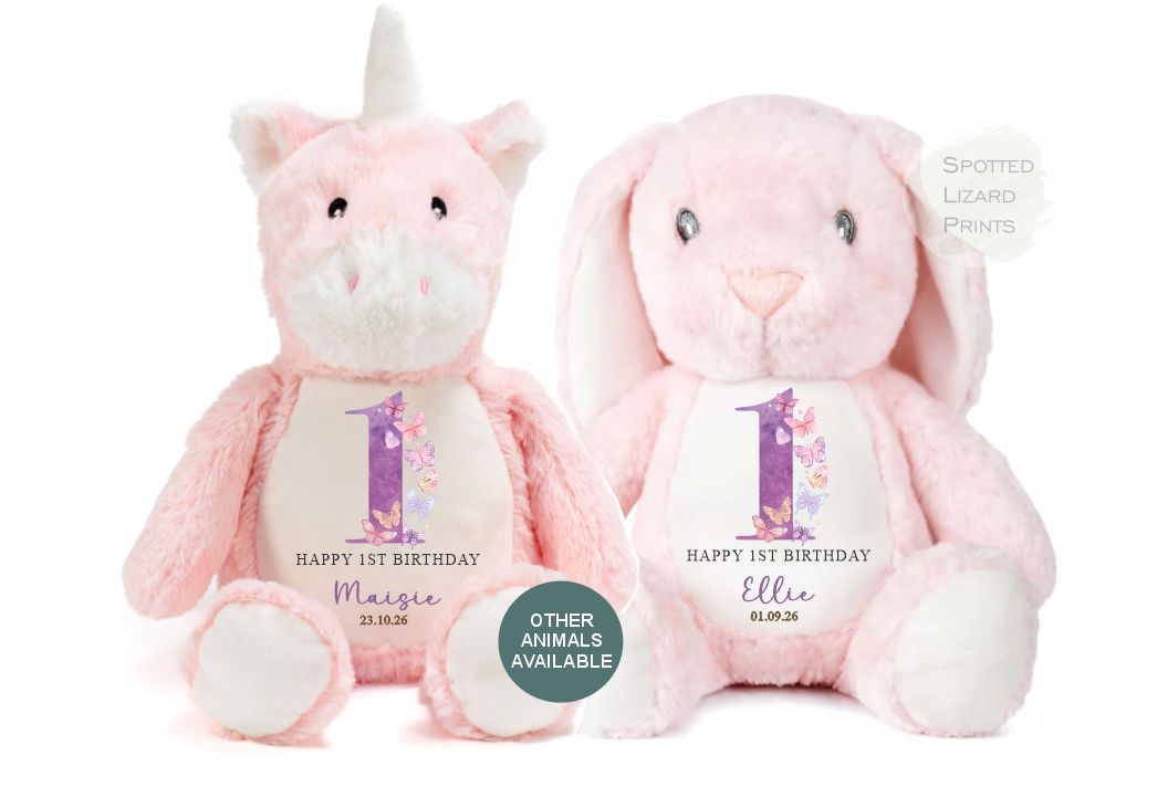 Personalised First Birthday , Butterfly 1st Birthday Gift Girl Teddy, 1st Baby Girl, Birthday Present, Personalised 1st Birthday Soft Toy