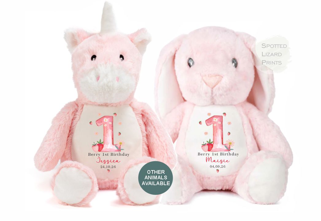 Personalised Berry First Birthday Bunny, Personalised Soft Toy, Berry 1st, First Birthday Gift for Baby, Strawberry First Birthday Teddy