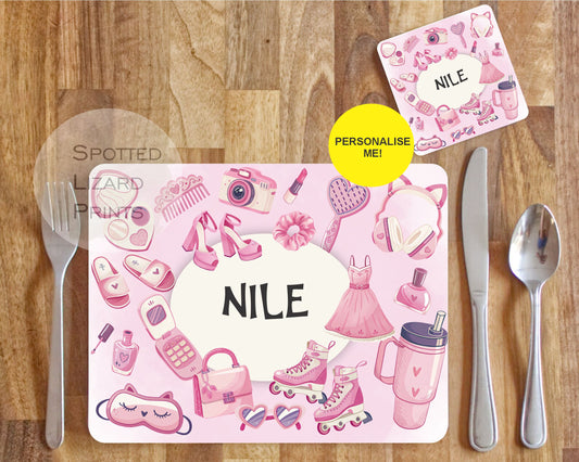 Personalised Girls pamper party themed placemat and coaster