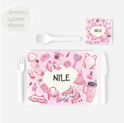 Personalised Girls pamper party themed placemat and coaster
