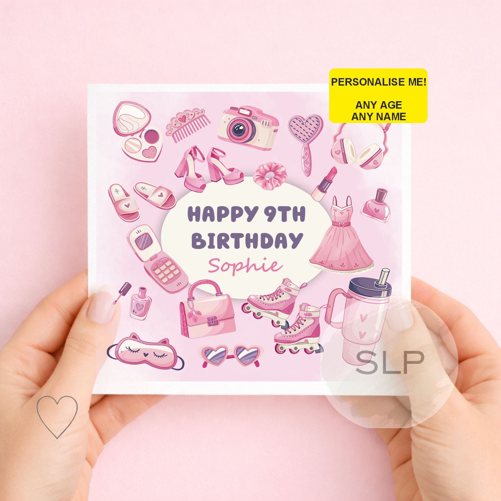 Personalised girls birthday card featuring pink fashion, makeup and roller skates. Add any name and age to create a special birthday card just for her.