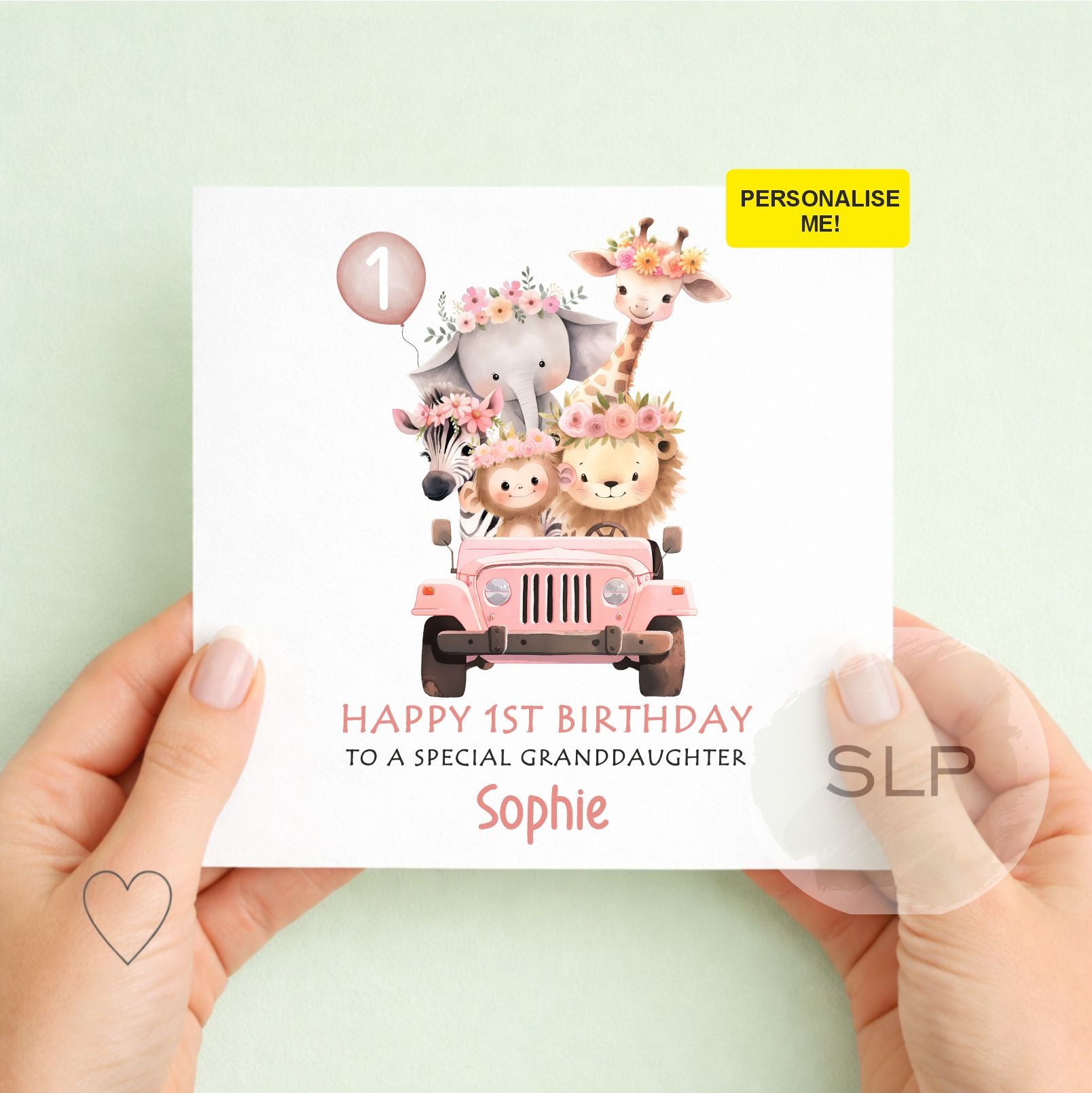 Personalized Safari Animals 1st Birthday Card – Any Age Jungle Birthday – Girl Birthday Card – Daughter, Granddaughter, Niece