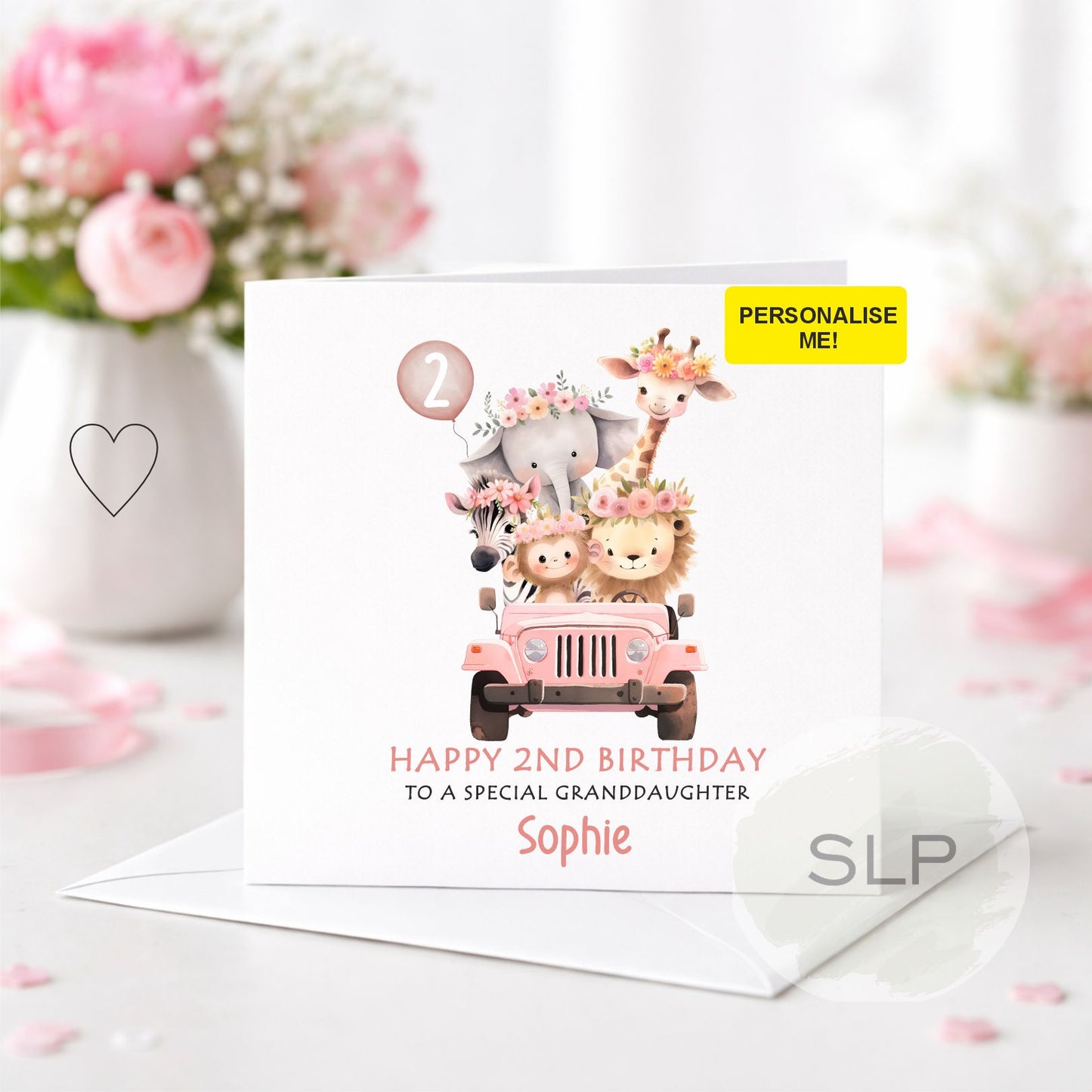 Personalized Safari Animals 1st Birthday Card – Any Age Jungle Birthday – Girl Birthday Card – Daughter, Granddaughter, Niece