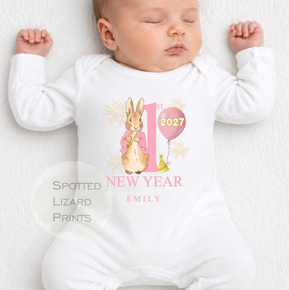 Personalised Peter Rabbit First New Years Eve Baby Outfit- My First New Years Eve Sleepsuit or Vest- 1st New Year Peter Rabbit